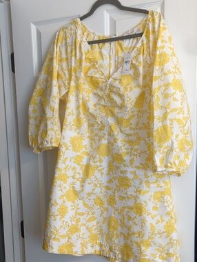 LOFT White and Yellow Floral V-Neck Dress